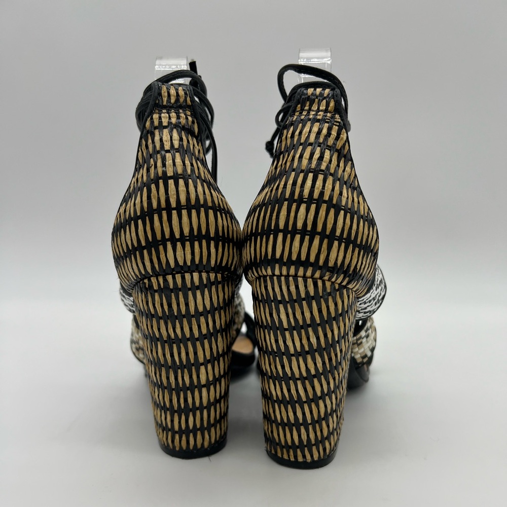 Schutz Woven Raffia Block Heel Lace-Up Strappy Sandals Black/White Sz 7 - Picture 5 of 16